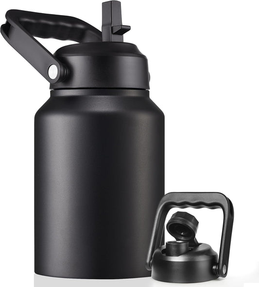 Half Gallon Insulated Water Bottle Jug with Straw, 64 oz Large Stainless Steel Sports Metal Water Flask with Handle, Thermal Water Cup Mug with 2 Lids, Black