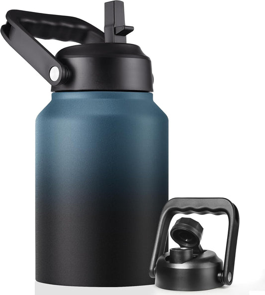 Half Gallon Insulated Water Bottle Jug with Straw, 64 oz Large Stainless Steel Sports Metal Water Flask with Handle, Thermal Water Cup Mug with 2 Lids, Indigo Black